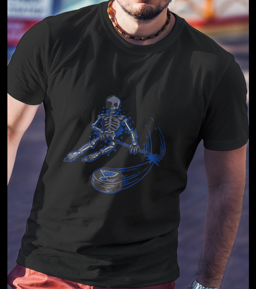 Skeleton Hockey Player With St. Louis Blues Logo Puck T-Shirt