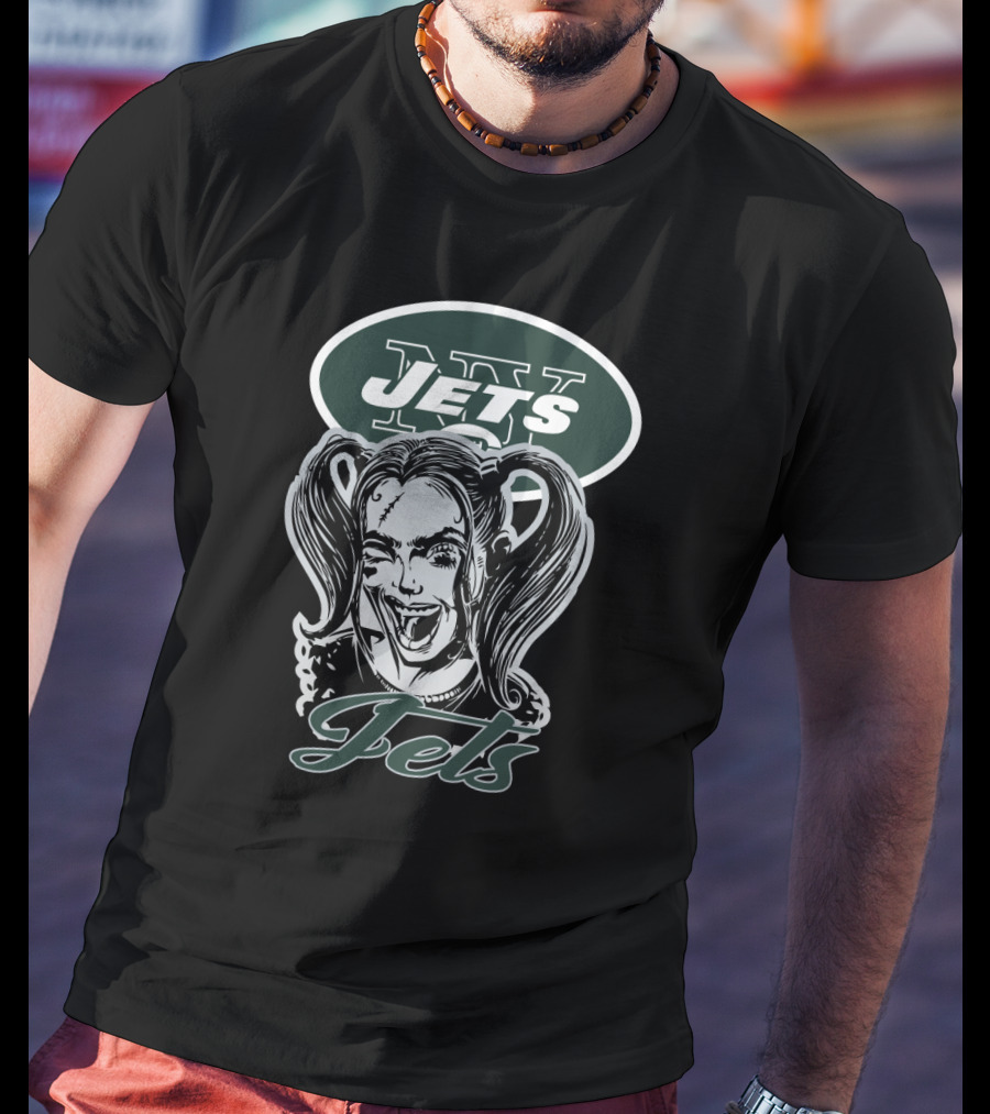 Harley Quinn And New York Jets Logo Crossover T-Shirt