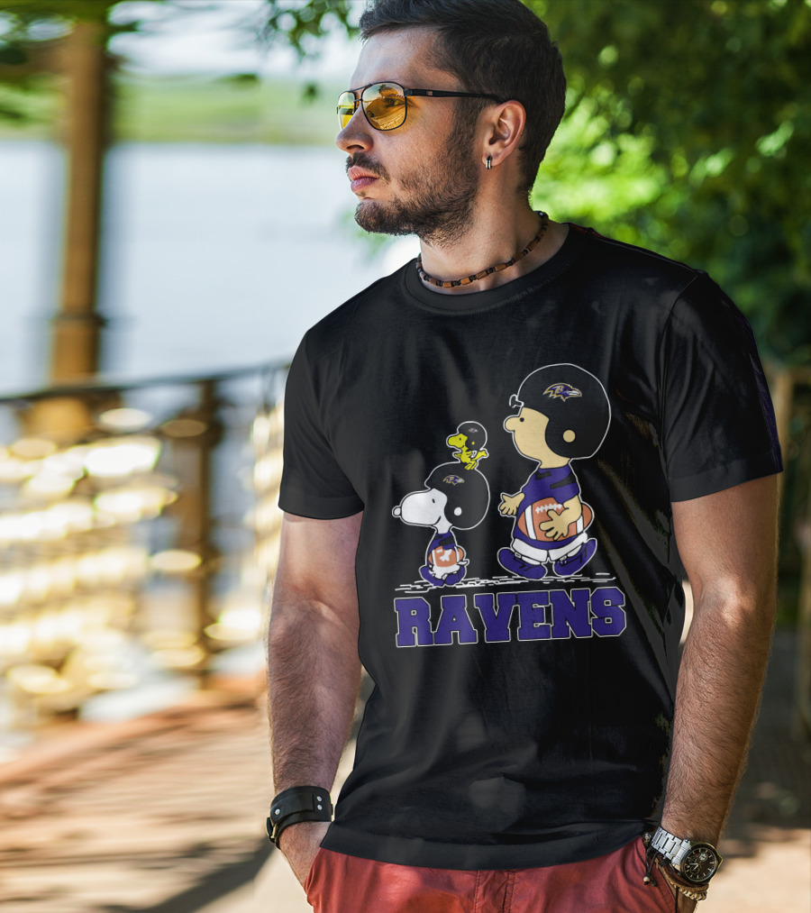 Snoopy And Friends With Baltimore Ravens Football Helmets And Jerseys T-Shirt