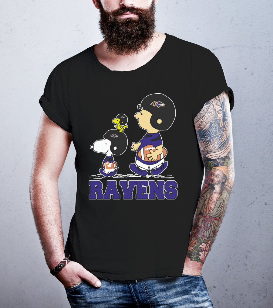 Snoopy And Friends With Baltimore Ravens Football Helmets And Jerseys T-Shirt