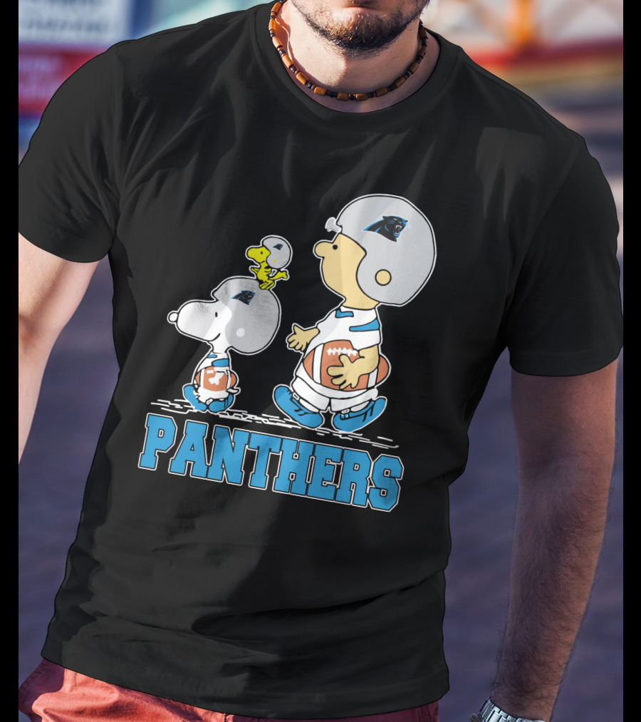 Snoopy And Woodstock With Carolina Panthers Football Helmets T-Shirt