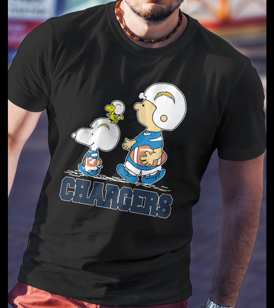 Snoopy And Woodstock With Los Angeles Chargers Football Helmets And Jersey T-Shirt
