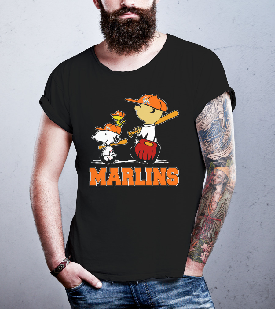 Marlins Snoopy Woodstock And Charlie Brown Baseball Fans T-Shirt