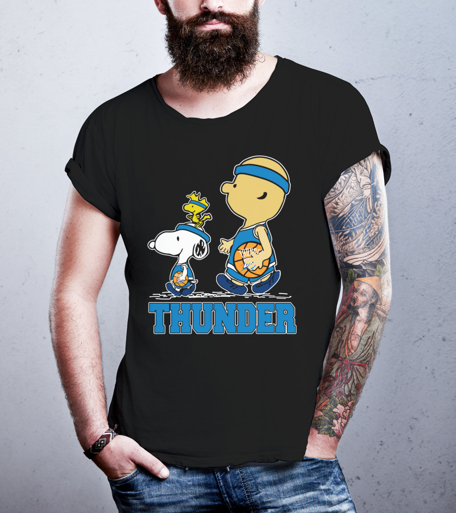 Snoopy And Oklahoma City Thunder Basketball Fans Walking With Woodstock T-Shirt