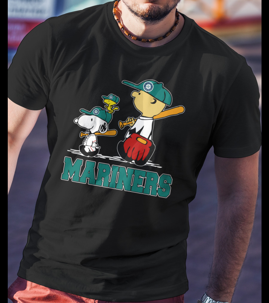 Snoopy Woodstock And Seattle Mariners Peanuts Baseball T-Shirt