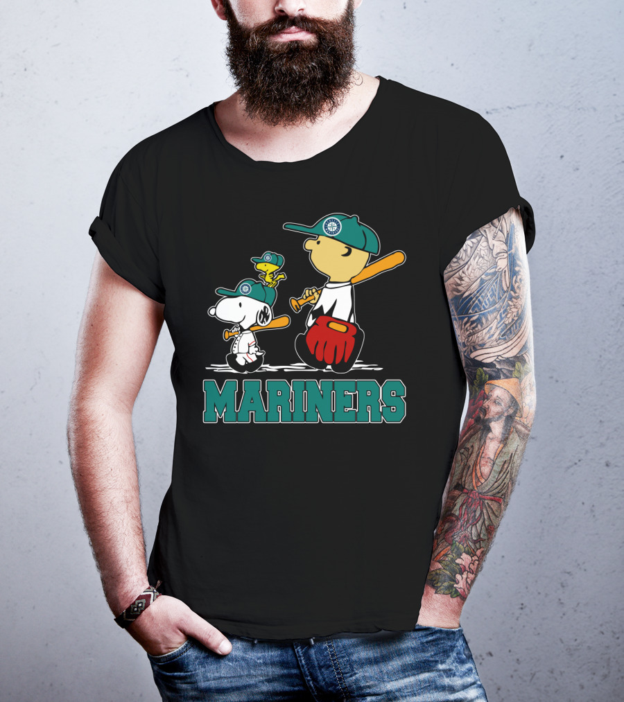 Snoopy Woodstock And Seattle Mariners Peanuts Baseball T-Shirt
