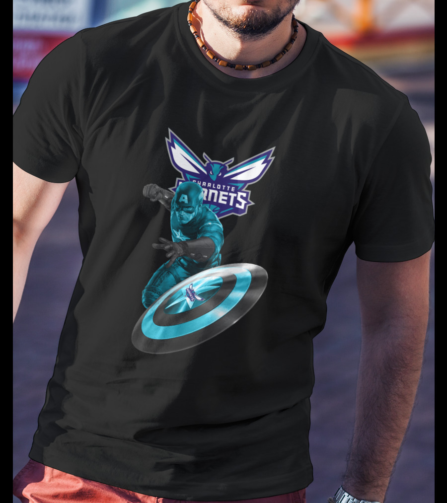 Charlotte Hornets Captain America Crossover Shield T-Shirt