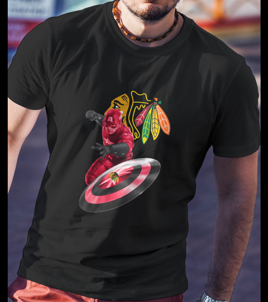 Captain America Chicago Blackhawks Crossover With Shield And Iconic T-Shirt