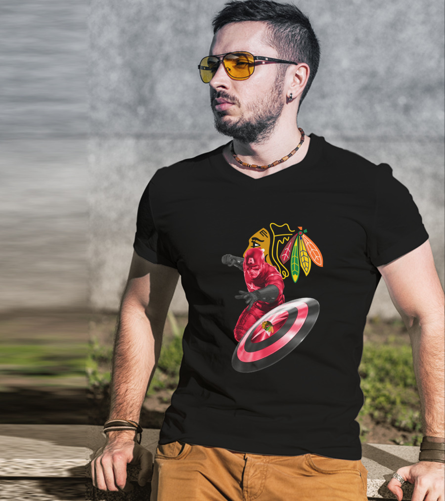 Captain America Chicago Blackhawks Crossover With Shield And Iconic T-Shirt