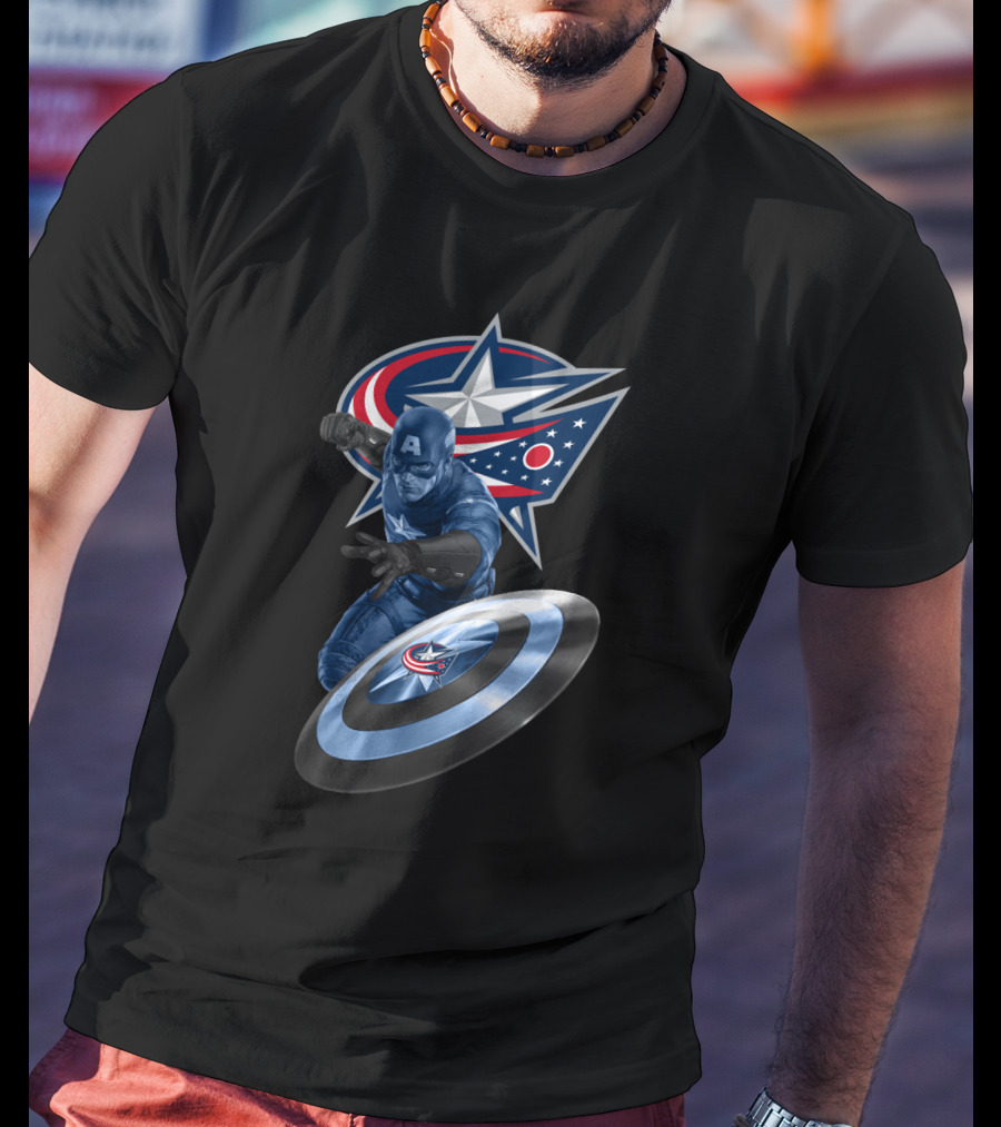 Columbus Blue Jackets Logo With Captain America Shield Iconic Crossover T-Shirt