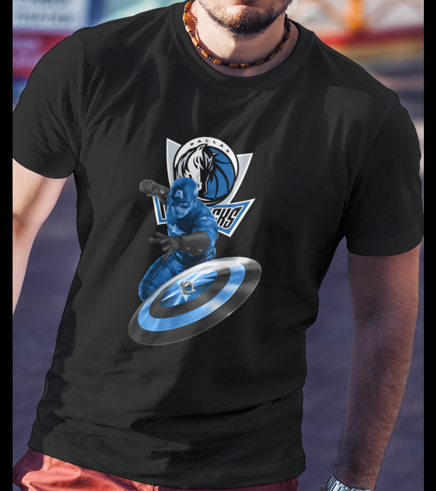 Dallas Mavericks Captain America Crossover Collaboration Featuring Iconic Shield T-Shirt