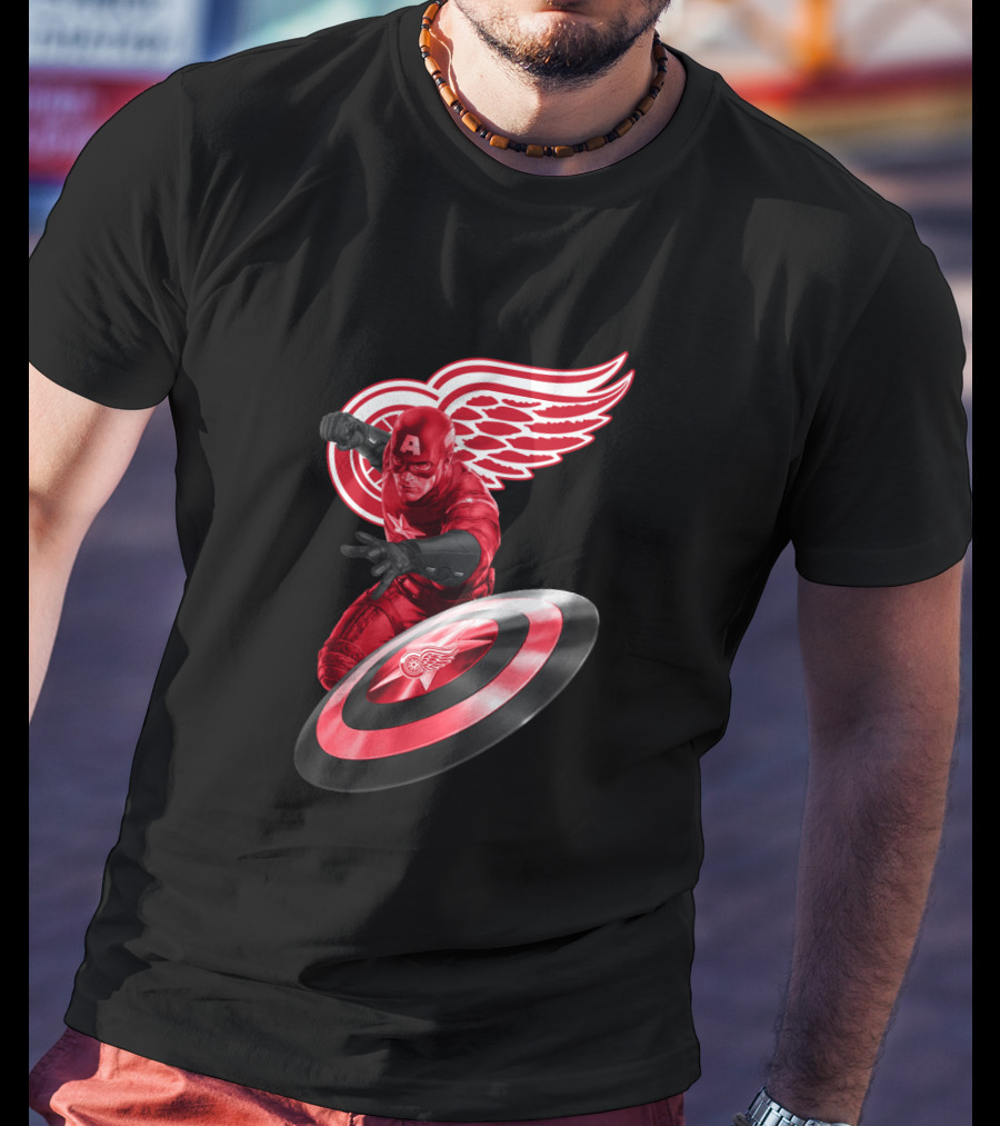 Detroit Red Wings Featuring Marvel's Captain America In Iconic Shield Pose T-Shirt