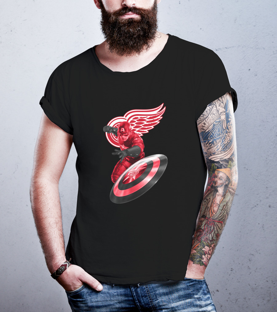 Detroit Red Wings Featuring Marvel's Captain America In Iconic Shield Pose T-Shirt