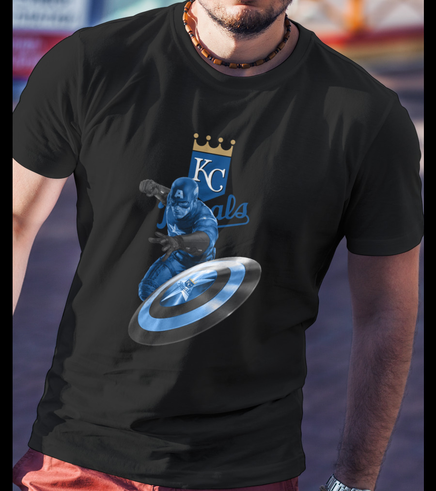 Kansas City Royals KC Logo Featuring Captain America Shield Design Blue T-Shirt