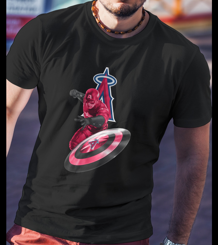 Los Angeles Angels Captain America Crossover With Shield And Halo Insignia T-Shirt