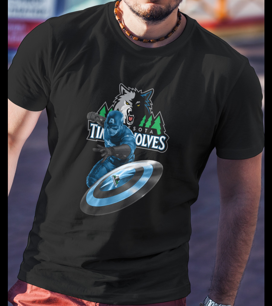Minnesota Timberwolves Captain America Crossover With Wolf Logo And Shield T-Shirt
