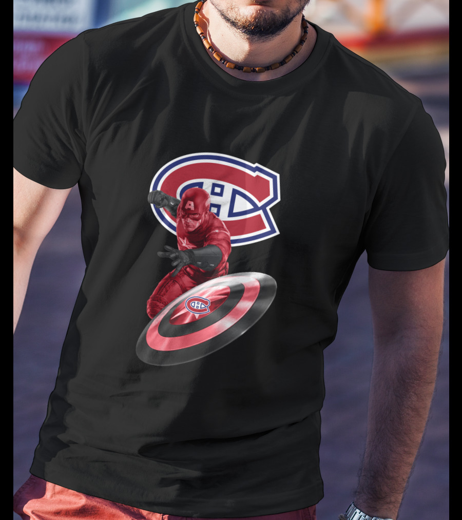 Montreal Canadiens CH Logo With Captain America And Shield Featuring CH T-Shirt