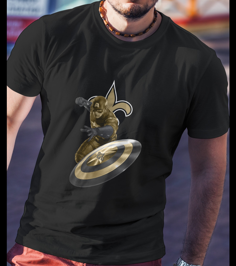 Captain America New Orleans Saints Nfl Fleur-De-Lis Shield Heroic Crossover T-Shirt