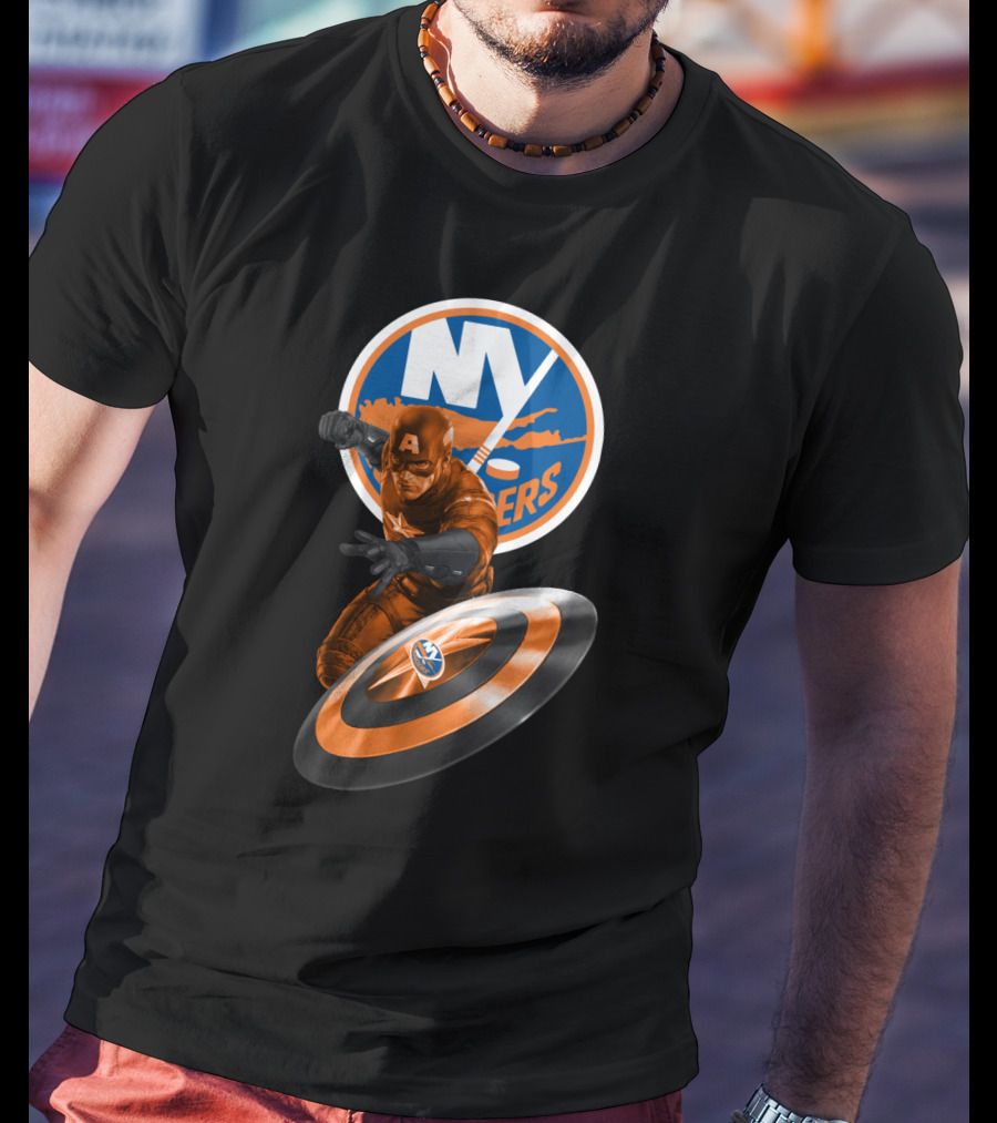 New York Islanders Captain America Collaboration Shield And Logo Graphics T-Shirt