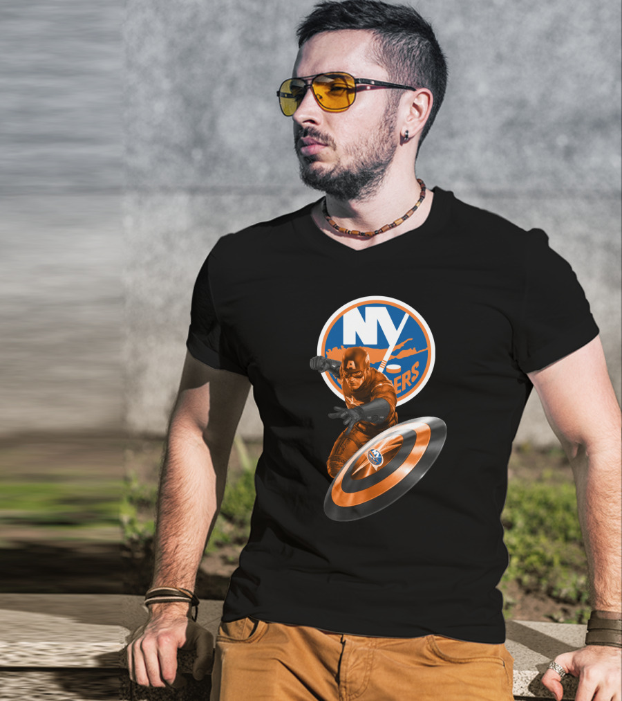 New York Islanders Captain America Collaboration Shield And Logo Graphics T-Shirt