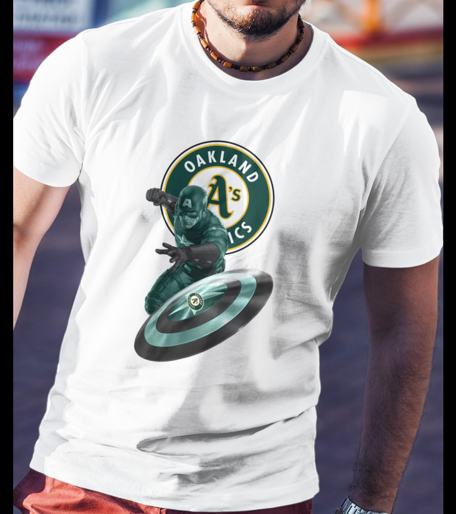 Oakland Athletics A's Logo With Captain America's Shield And Heroic Pose T-Shirt