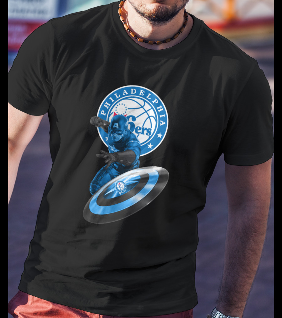 Philadelphia 76ers Basketball Marvel Crossover With Captain America Shield T-Shirt