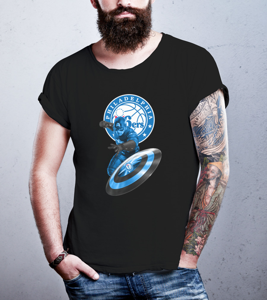 Philadelphia 76ers Basketball Marvel Crossover With Captain America Shield T-Shirt