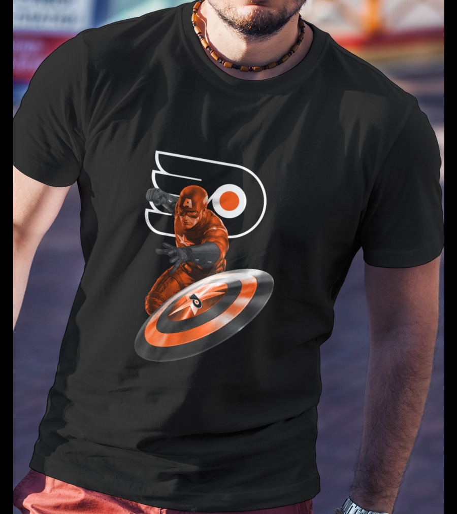 Captain America Philadelphia Flyers Crossover Shield And Logo Iconic Fusion T-Shirt