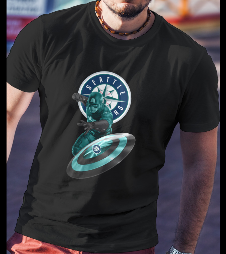 Seattle Mariners Captain America Logo Shield Crossover Baseball Superhero Collaboration T-Shirt