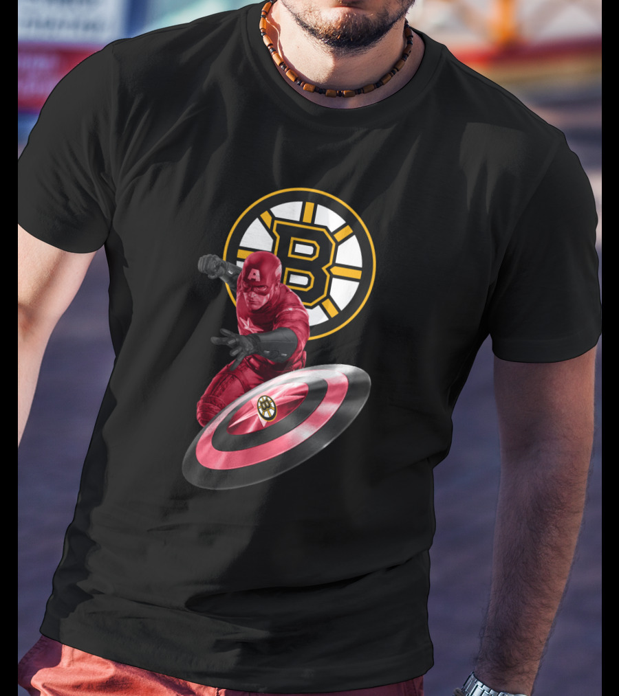Captain America With Boston Bruins Shield Emblem Fans T-Shirt