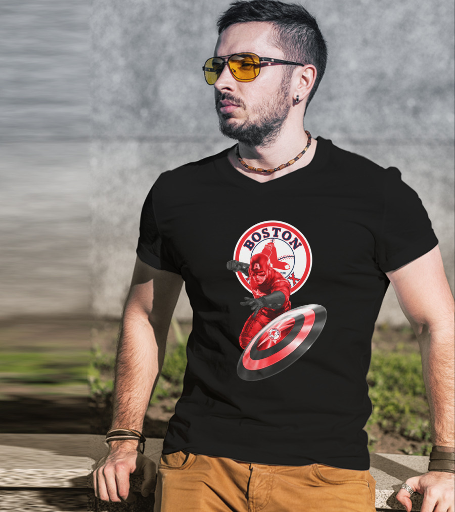 Boston Red Sox Captain America Shield Crossover Fan T-Shirt