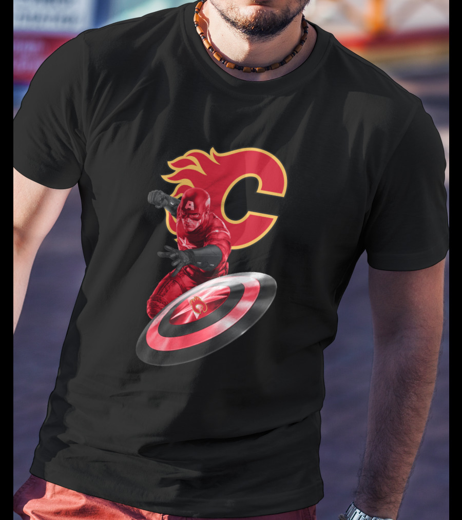 Calgary Flames And Captain America Shield Fusion Marvel Fans T-Shirt