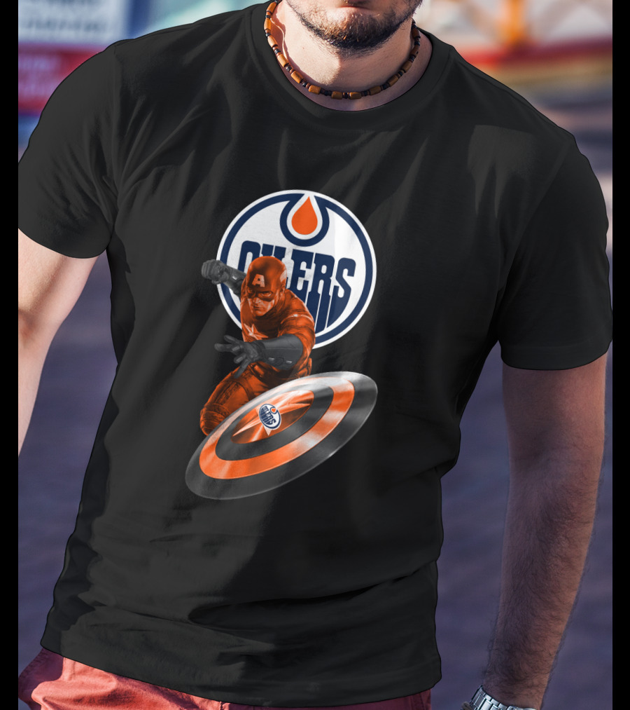 Edmonton Oilers Captain America Crossover With Shield Logo And Dynamic Pose T-Shirt