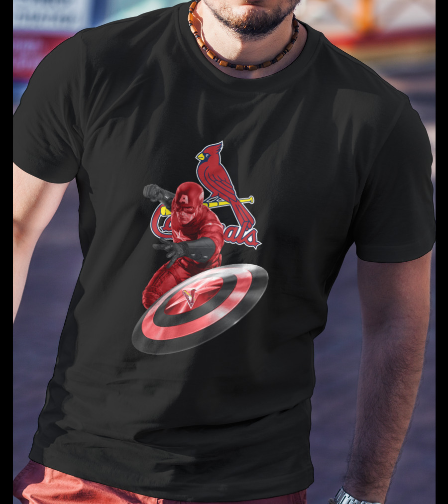 St. Louis Cardinals Captain America Logo Fusion Featuring Iconic Superhero And Baseball Team T-Shirt