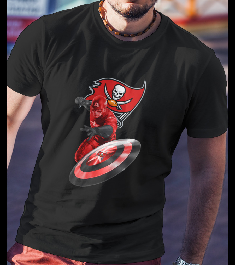 Tampa Bay Buccaneers Marvel Crossover With Captain America Shield T-Shirt