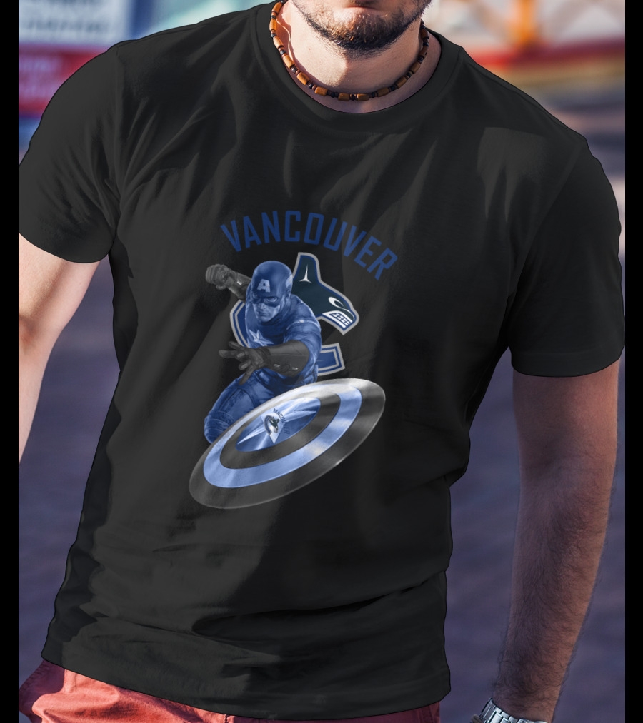 Vancouver Canucks Captain America Logo Crossover With Hockey Orca And Shield T-Shirt