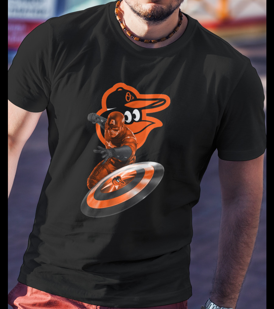 Baltimore Orioles Captain America Crossover Shield Logo Collaboration T-Shirt