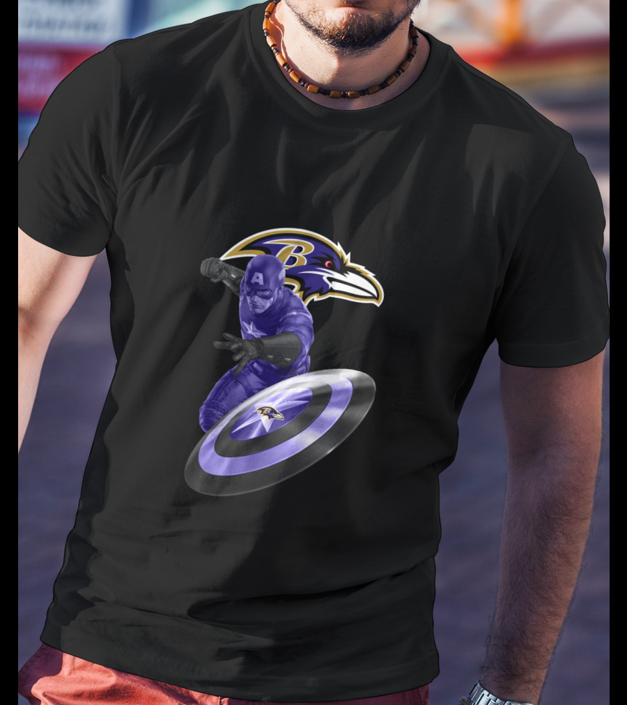 Baltimore Ravens Captain America Avengers Nfl Crossover With Shield T-Shirt
