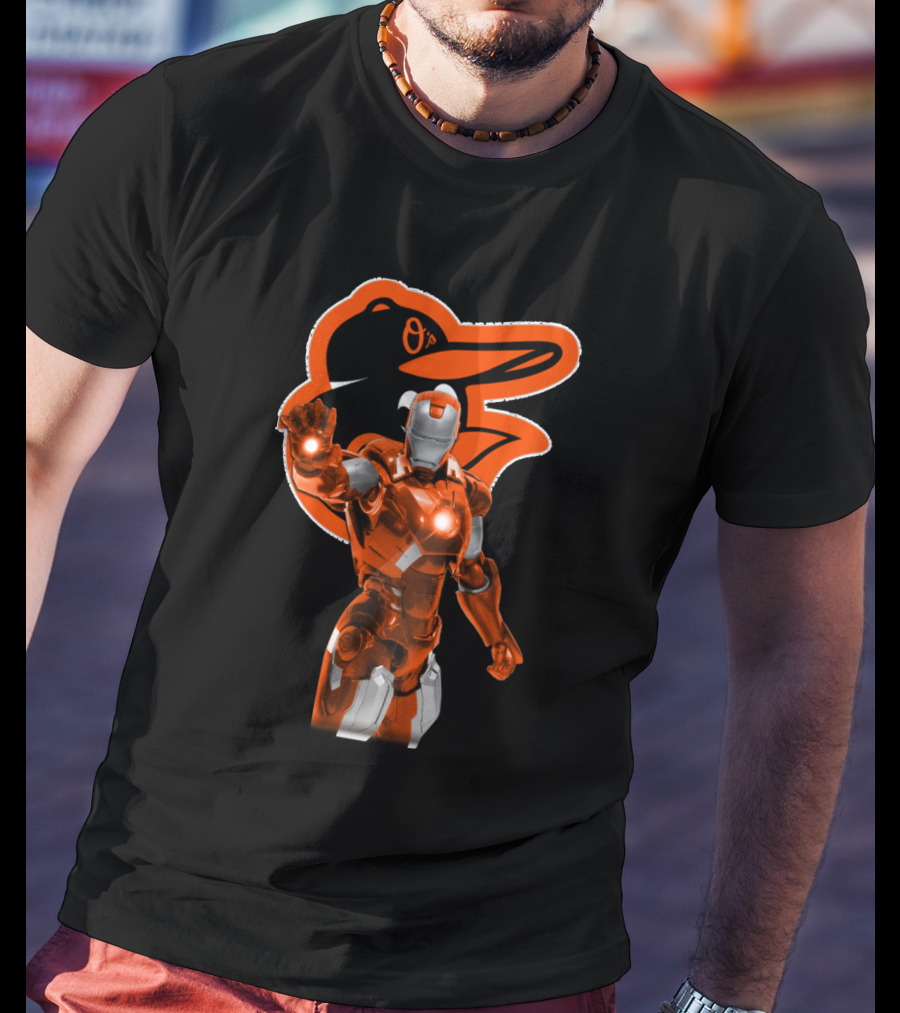 Iron Man Baltimore Orioles Crossover Featuring Iconic Orange Armor And Team Mascot T-Shirt