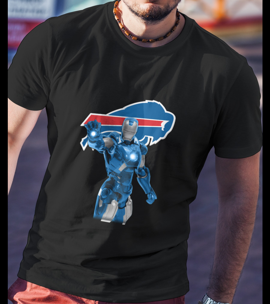 Iron Man Blue Armor Buffalo Bills Fans Iconic Nfl Crossover T-Shirt
