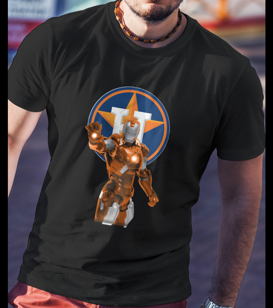 Houston Astros Iron Man Crossover With Team Logo Background T-Shirt