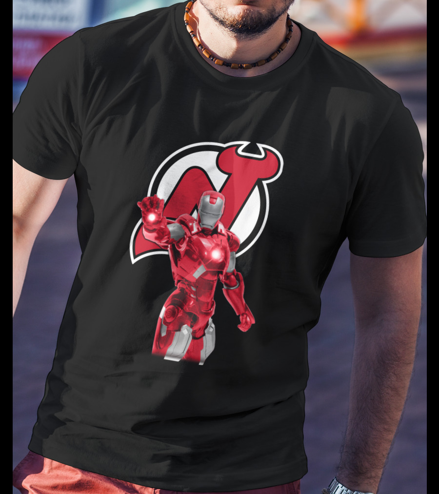 New Jersey Devils Iron Man Crossover With Iconic Armor And Team T-Shirt