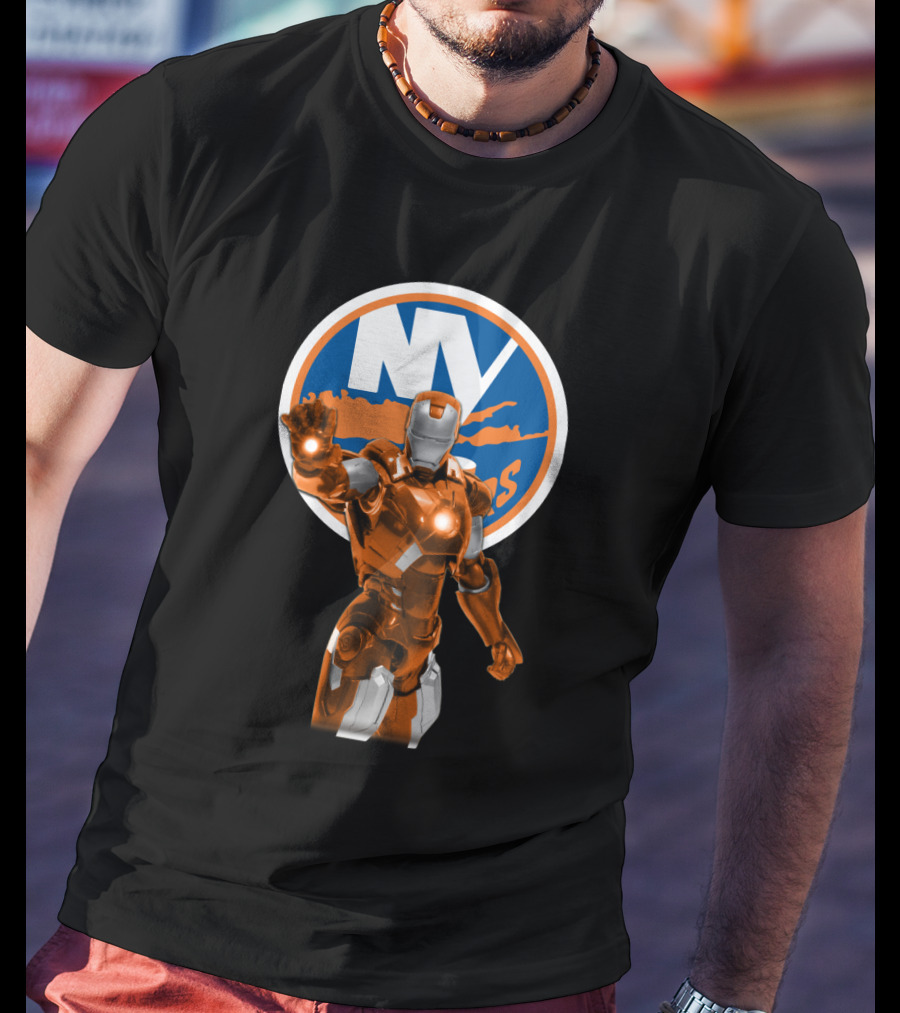 Iron Man New York Islanders Crossover Graphic Featuring NY Logo Background T-Shirt