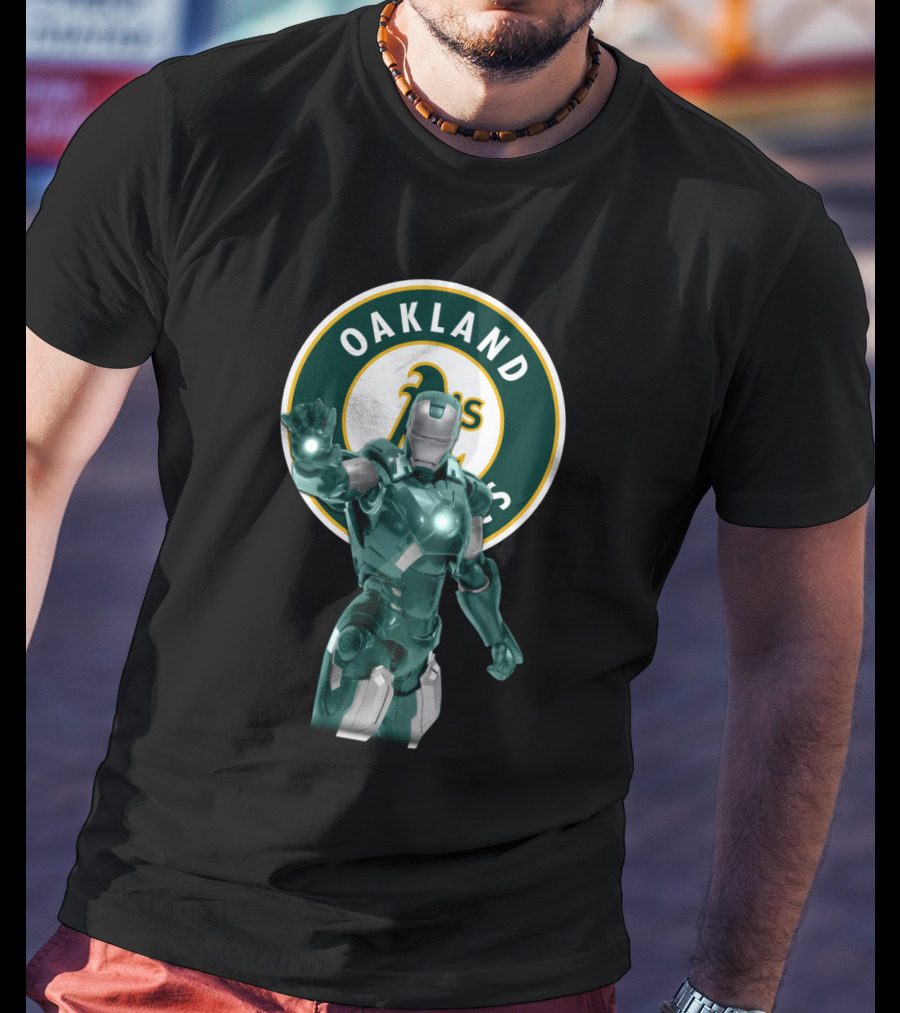 Oakland Athletics X Iron Man Crossover Marvel Avengers Baseball Team Collaboration T-Shirt