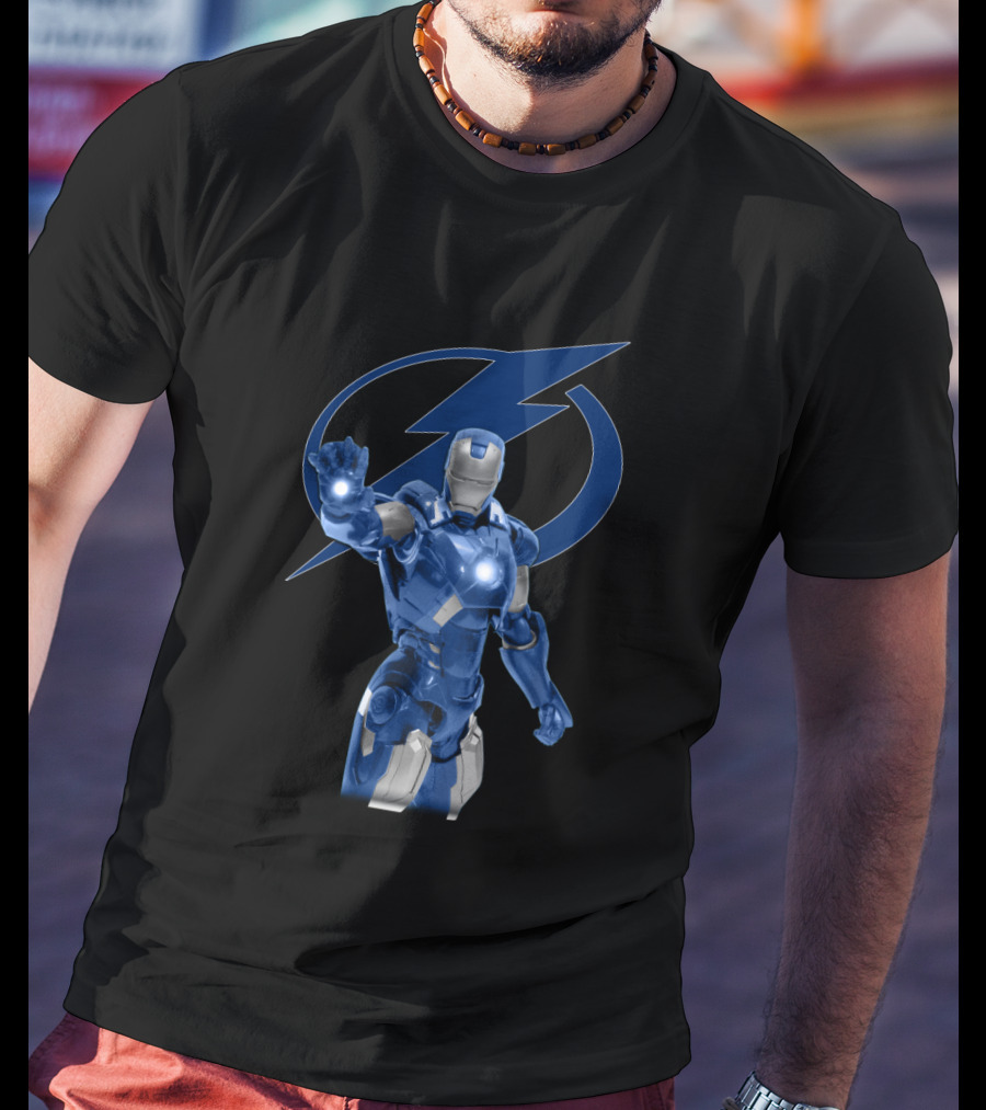 Tampa Bay Lightning Blue Iron Man Collaboration With Lightning Bolt T-Shirt