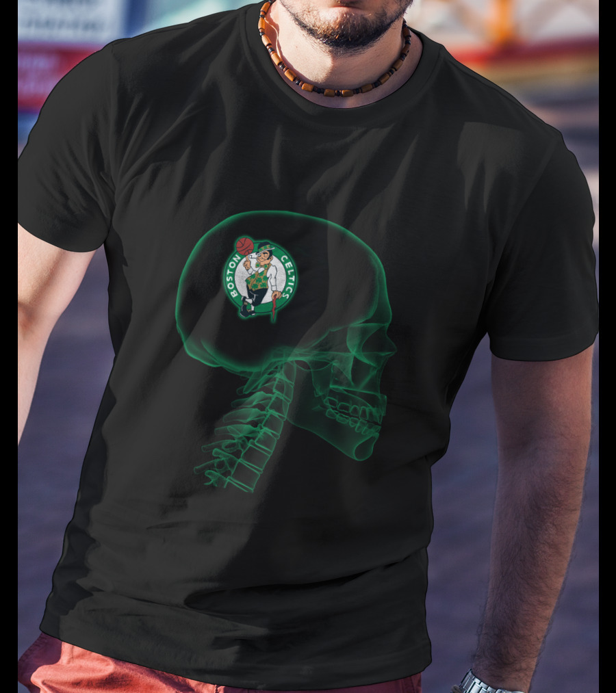 Boston Celtics Logo In Skeleton Brain Halloween Concept T-Shirt