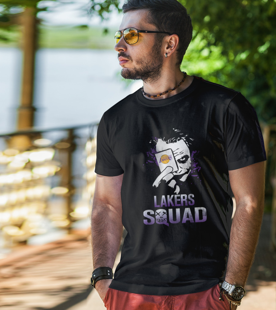 Joker Holding Lakers Card Above Lakers Squad T-Shirt