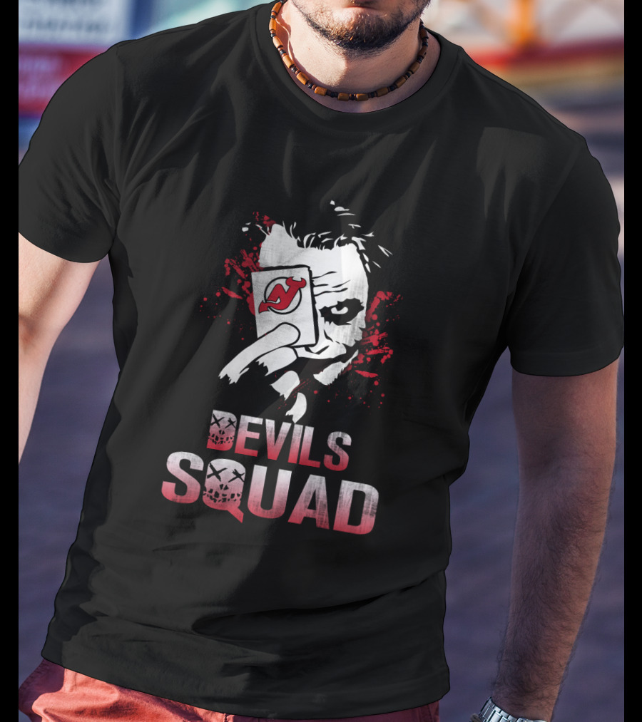Joker Holding New Jersey Devils Card With Devils Squad T-Shirt