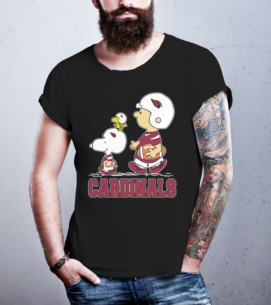 Snoopy And Woodstock With Cardinals Football Helmets And Team Spirit T-Shirt