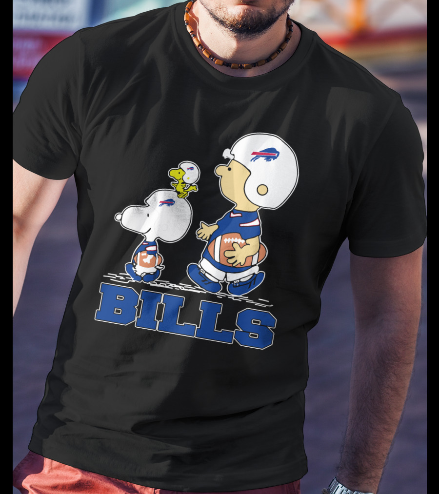 Snoopy And Woodstock In Buffalo Bills Helmets With Charlie Brown And Football T-Shirt